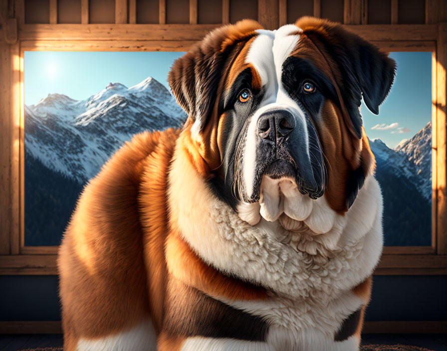 Saint Bernard Dog Sitting in Front of Window with Snow-Capped Mountains View