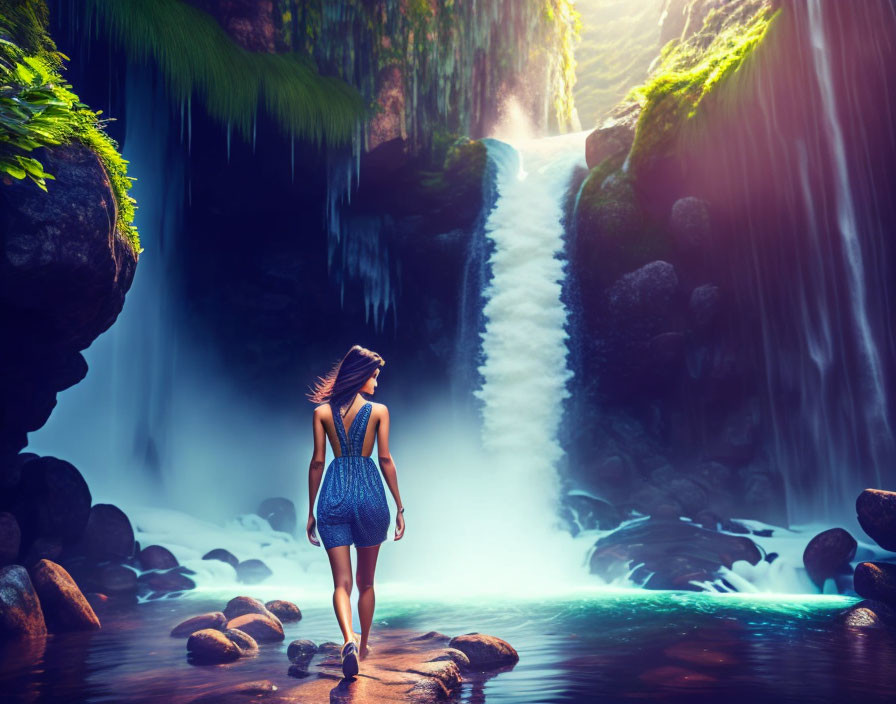 Woman in Blue Dress Walking Towards Majestic Waterfall Amid Lush Greenery