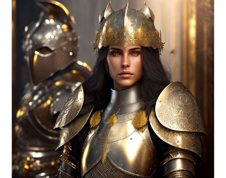 Medieval woman in ornate golden armor with horned helmet, against blurred backdrop