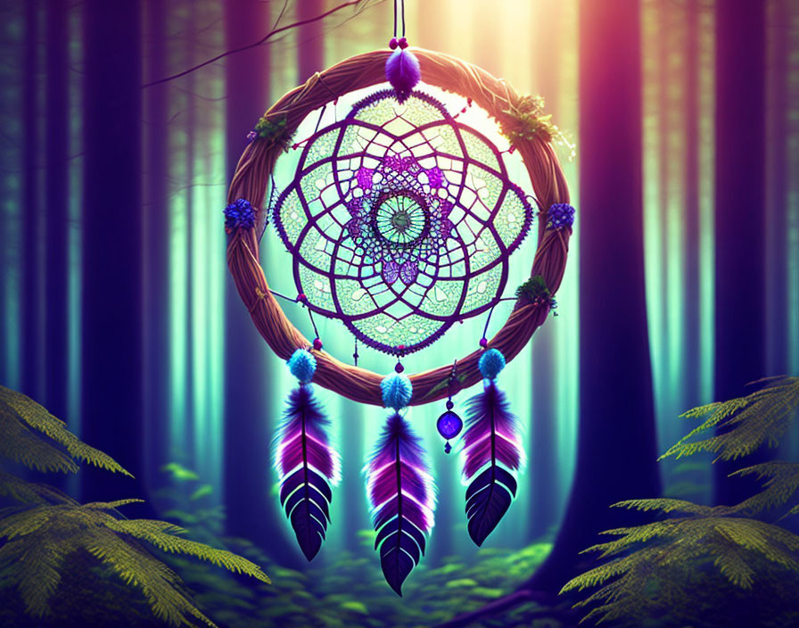 Dreamcatcher with feathers and beads in mystical forest sunlight
