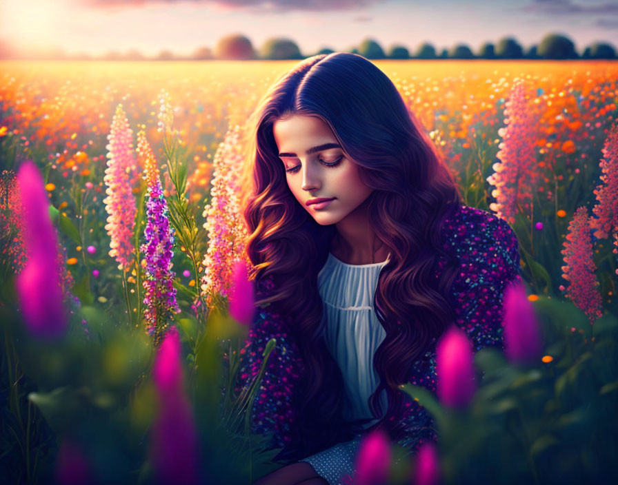 Woman with Wavy Hair Surrounded by Pink Lupines at Sunset