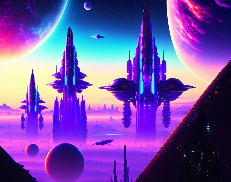 Futuristic sci-fi cityscape with neon lights and flying craft