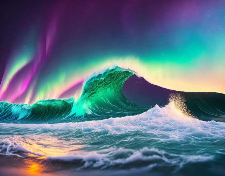 Colorful Aurora Borealis Over Green Ocean Wave at Twilight