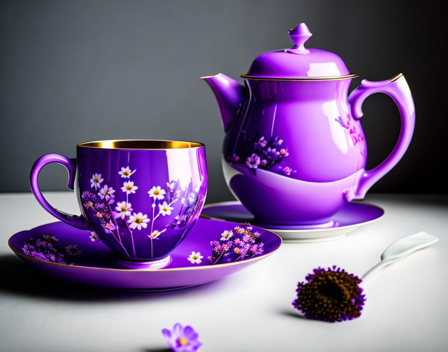 Colorful Floral Teacup, Saucer, Teapot, Spoon, and Petals on Gray