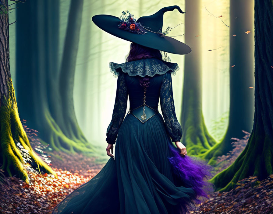 Woman in witch costume with flowered hat in misty forest.