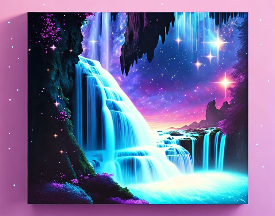 Fantasy waterfall digital artwork with neon blue water and starlit sky