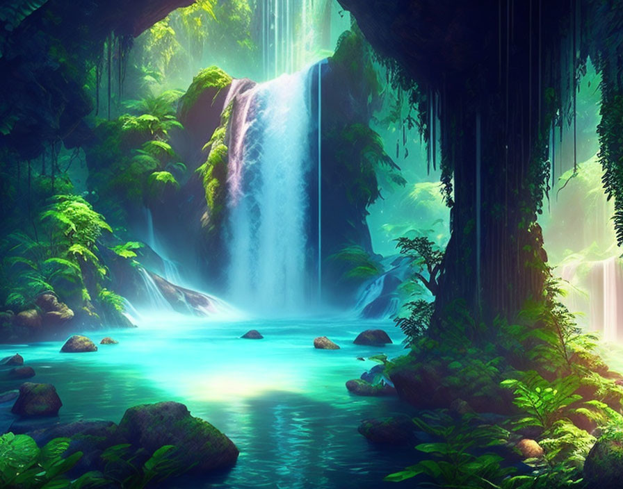 Tranquil digital artwork of lush waterfall oasis