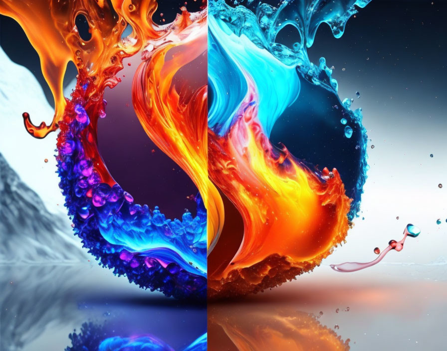 Dynamic clash of fire and water elements in vibrant image