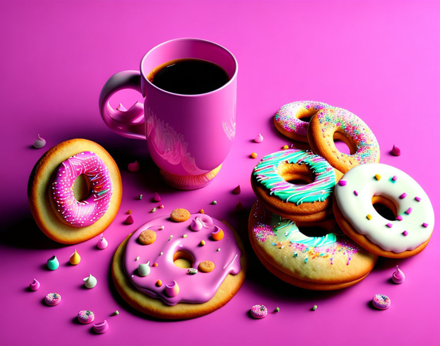 Colorful Donuts and Pink Coffee Mug on Vibrant Background