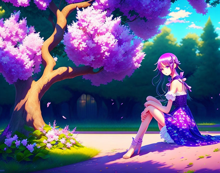 Purple-haired anime girl under blooming tree with blue sky & green grass