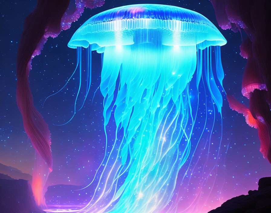 Vivid Giant Jellyfish in Neon-Lit Cave Landscape