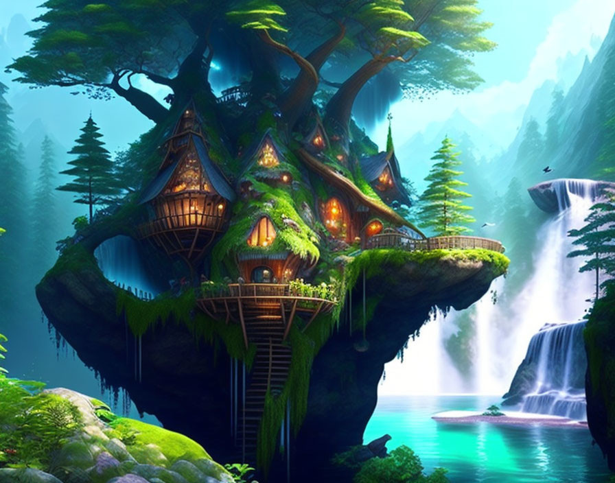 Enchanted Forest Treehouse Overlooking Waterfall and Lake