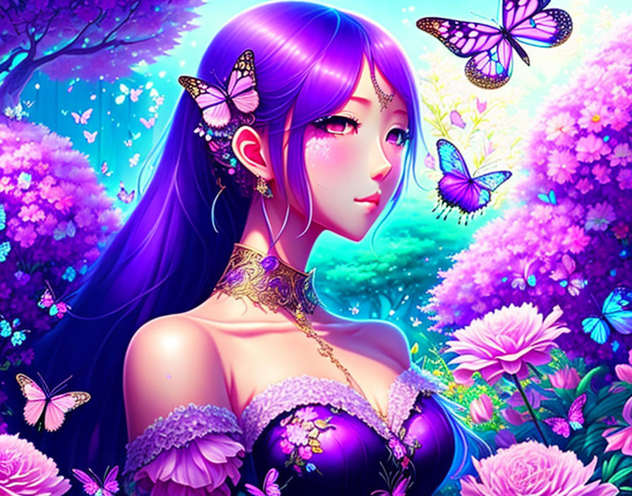 Colorful Illustration of Woman with Purple Hair Among Pink Flowers and Butterflies