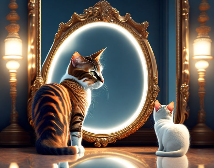 White Kitten Gazes at Reflection in Ornate Mirror, Envisioning Majestic Tiger
