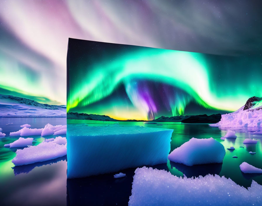 Colorful Aurora Borealis Above Snowy Icebergs at Twilight