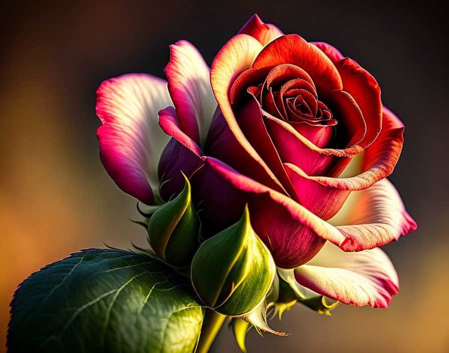 Close-up of vibrant rose with red to cream gradient petals on blurred background