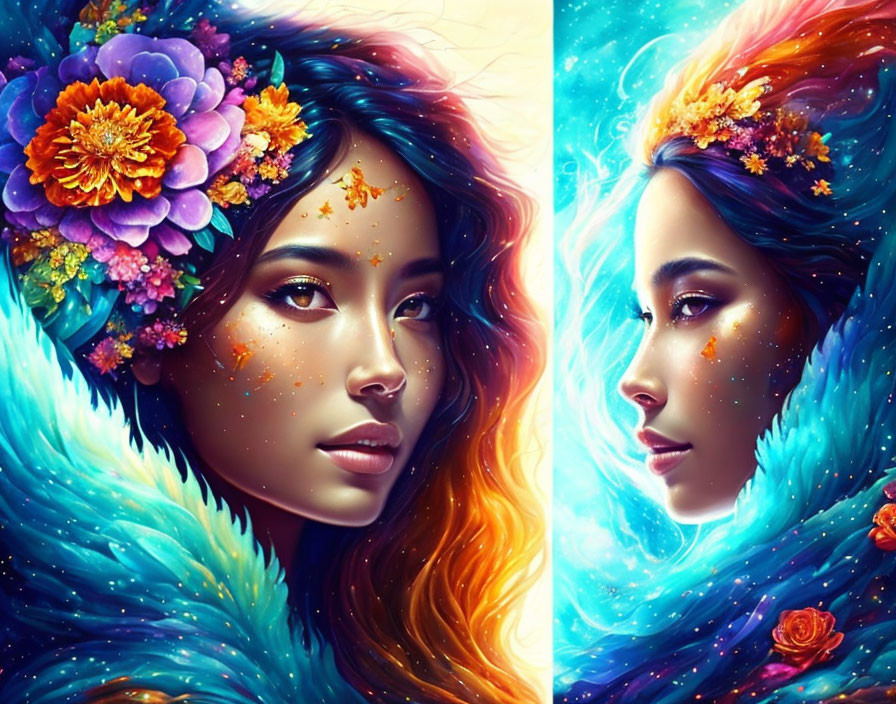 Vibrant hair portraits with floral and cosmic elements on colorful backdrop