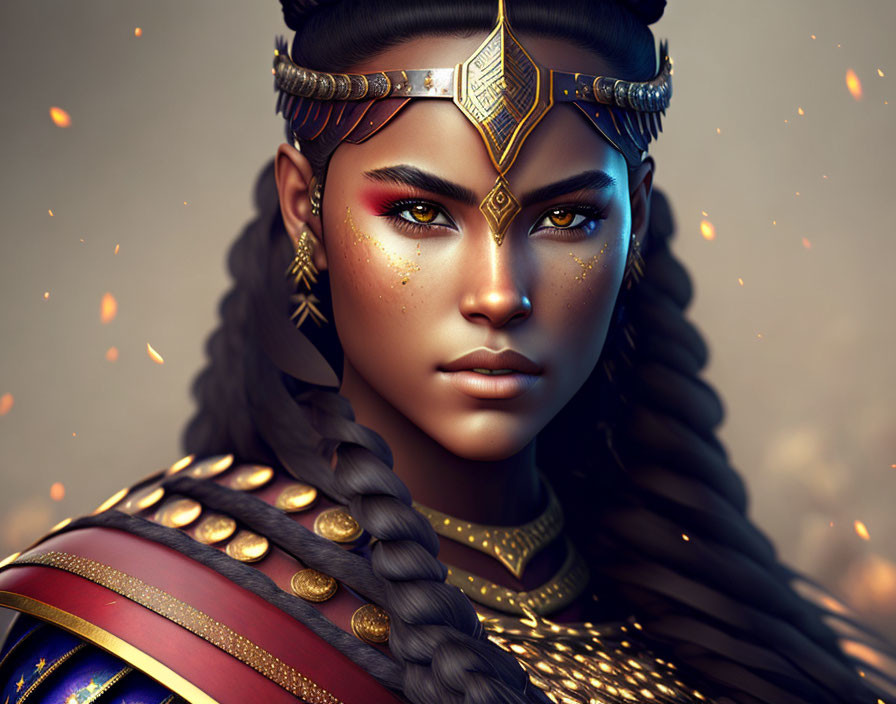 Regal woman with braided hair in golden headpiece and armor in digital portrait