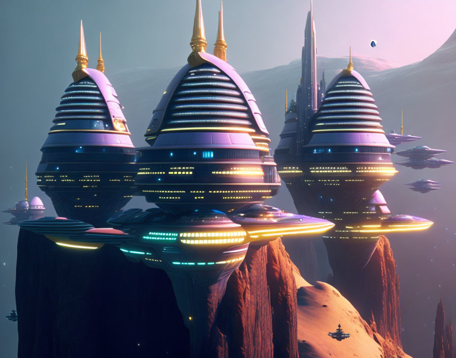Futuristic cityscape with dome-shaped buildings on rocky terrain