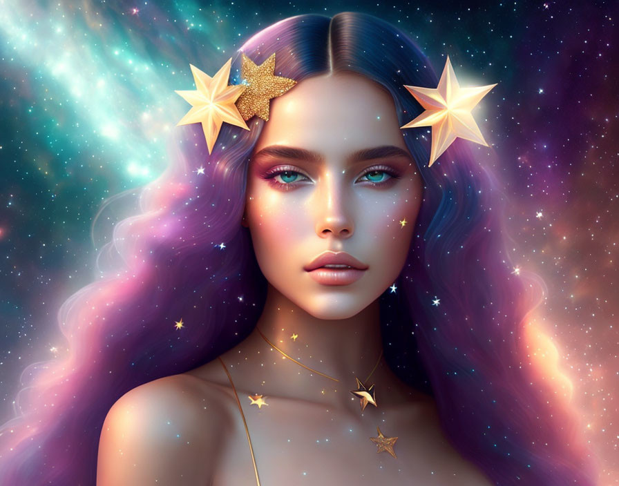 Fantasy portrait featuring cosmic makeup, starry hair accessories, and celestial backdrop