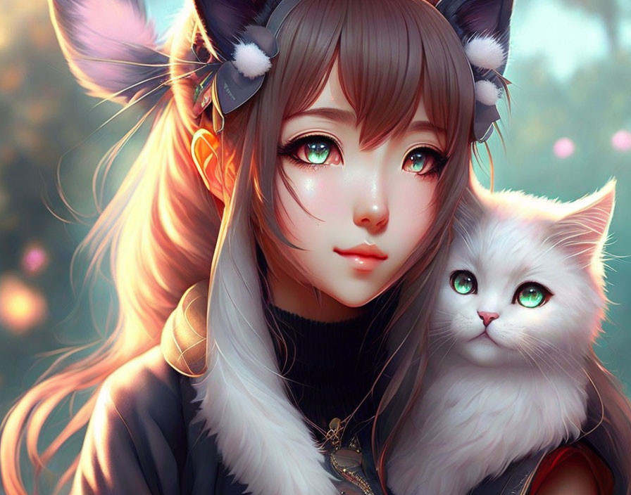 Girl with Cat Ears and Green-Eyed White Cat in Sunlit Setting