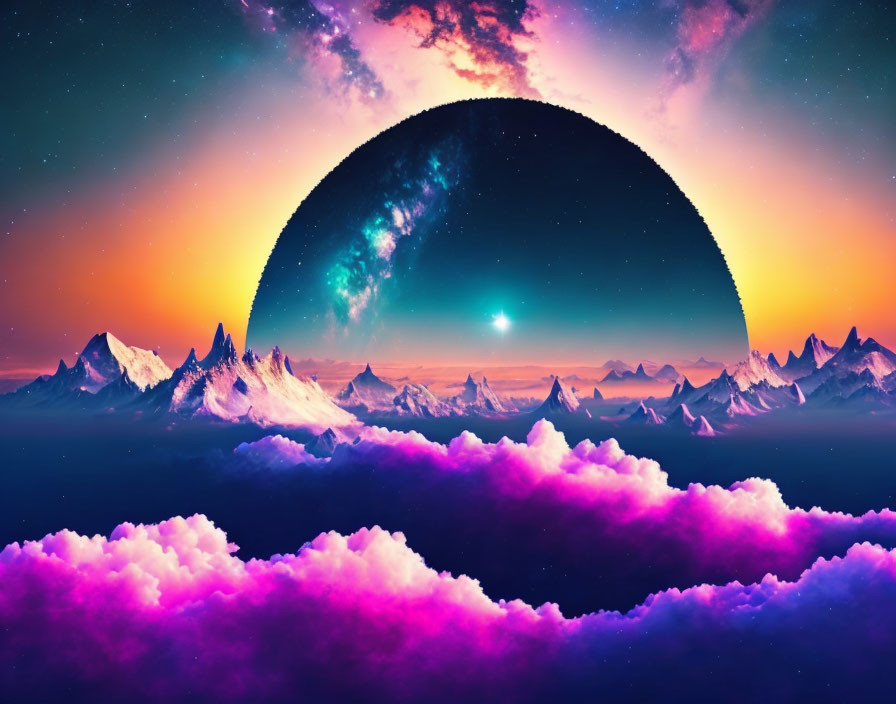 Surreal landscape digital artwork with mountains and pink clouds