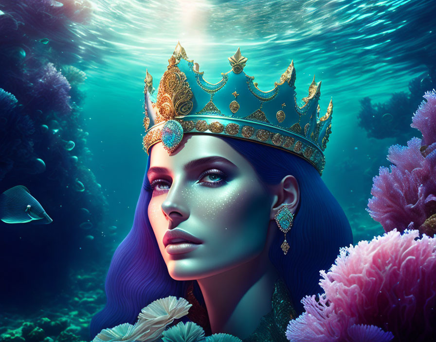 Illustrated underwater scene with woman wearing golden crown and jewels, surrounded by coral and fish.