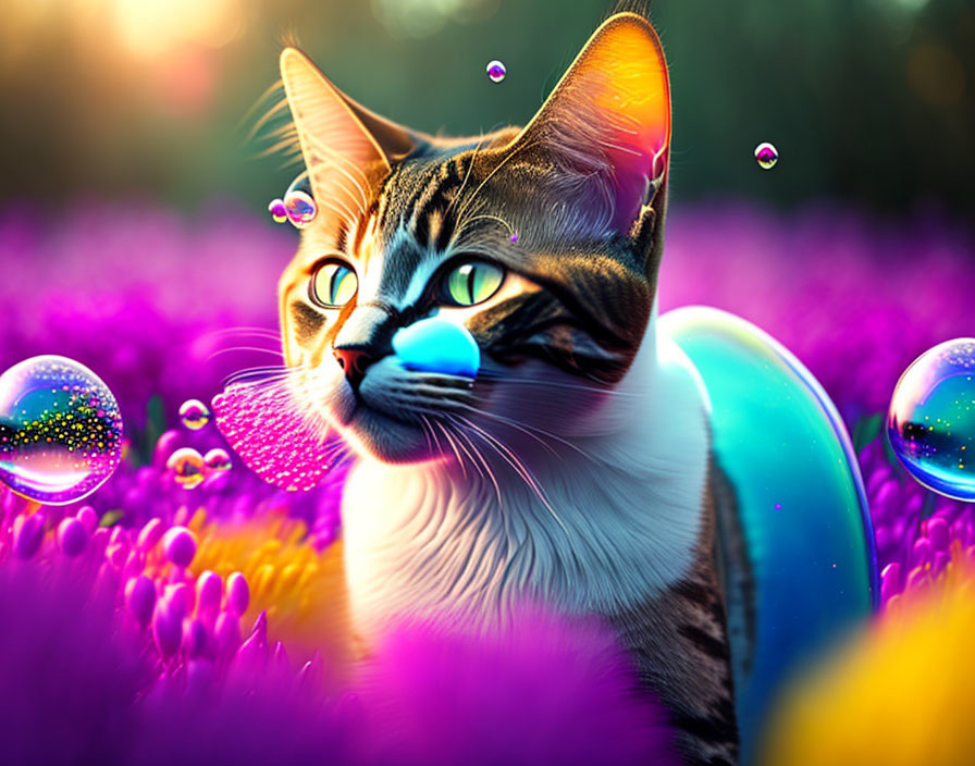 Tabby Cat Surrounded by Purple Flowers and Iridescent Bubbles