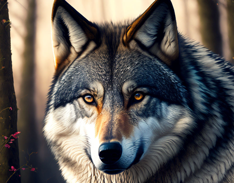 Wolf with Amber Eyes in Forest Foliage and Sunlight