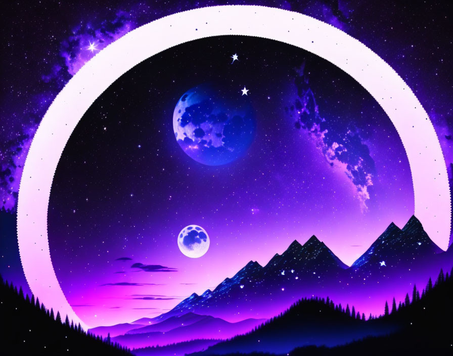 Digital artwork: Crescent moon, starlit sky, full moon, mountains on purple twilight.