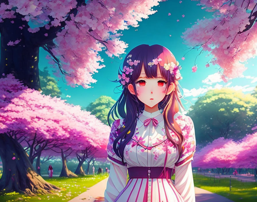 Dark-haired anime girl surrounded by blooming cherry blossoms