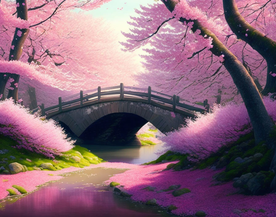 Tranquil wooden bridge over stream with pink cherry blossoms