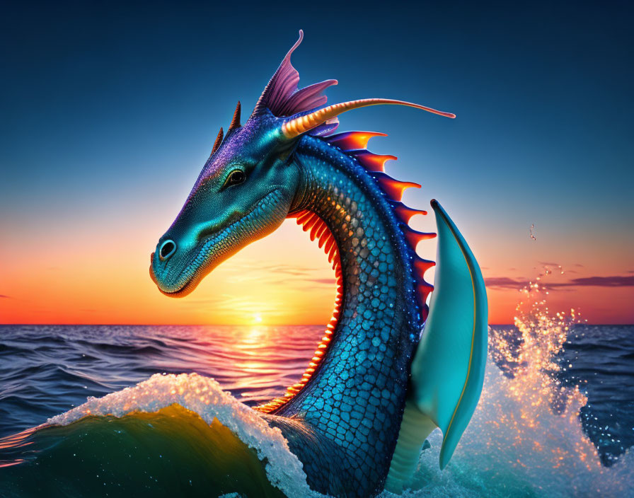Colorful Dragon Emerges from Ocean Waves at Sunset