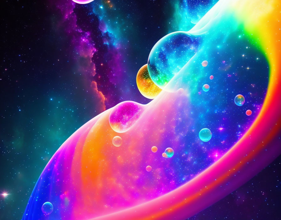 Colorful cosmic scene with neon swirls and sparkling stars in a fantasy space setting.