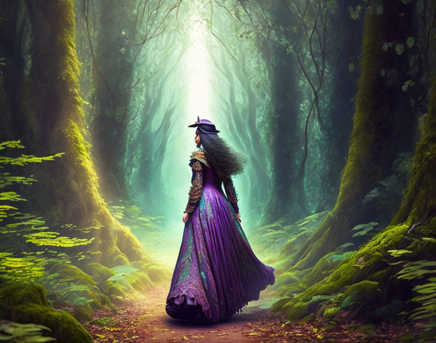 Person in Purple Cloak Walking Forest Path with Ethereal Light