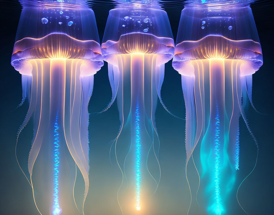 Three Glowing Jellyfish with Long Tentacles on Dark Blue Background