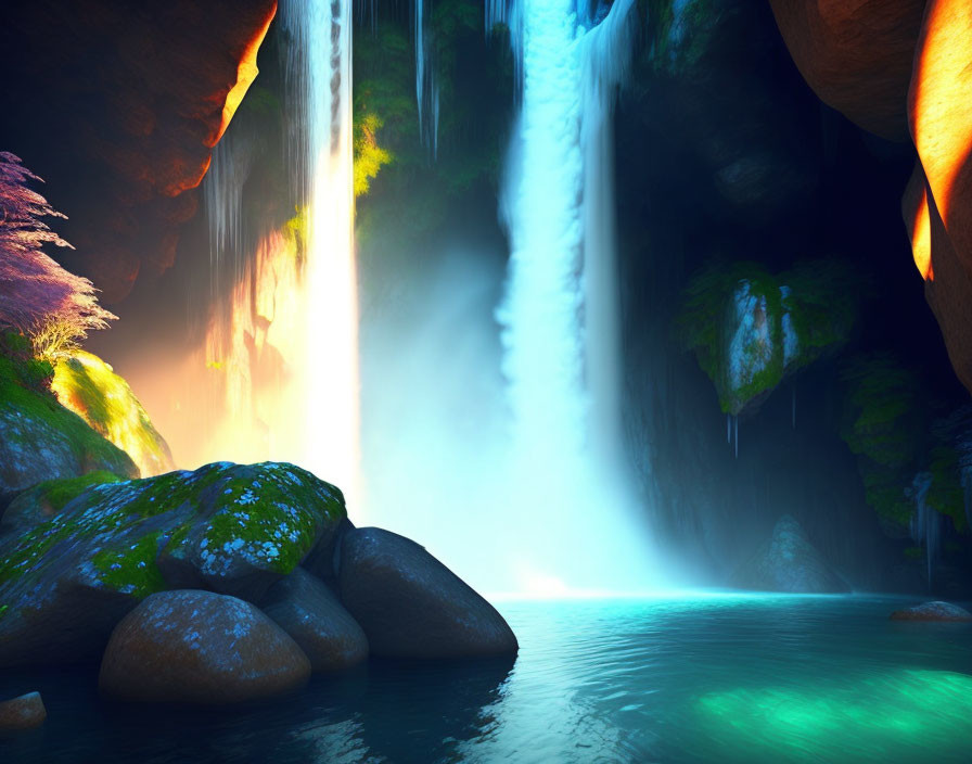 Tranquil waterfall in lush cave setting