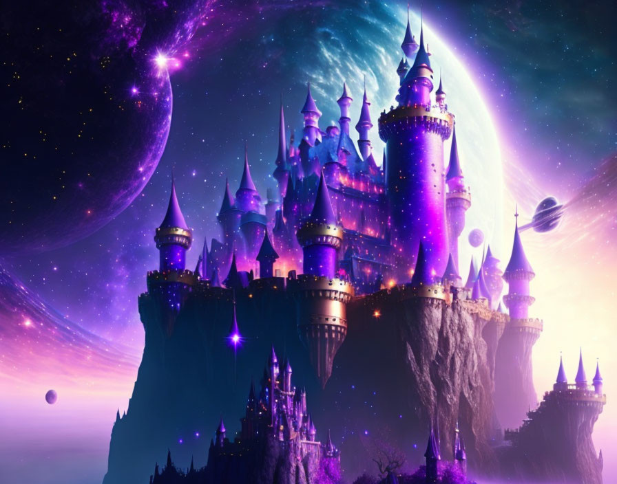 Purple Castle on Cliff Under Starry Sky with Planets in Celestial Dreamscape