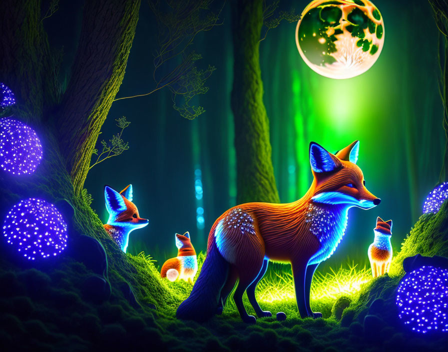 Digital artwork: Glowing mushrooms, enchanted foxes, and green moon forest