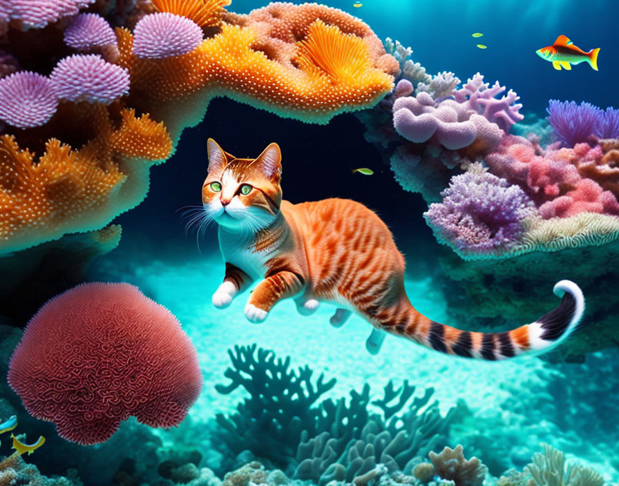 Orange Tabby Cat Explores Coral Reefs with Fish