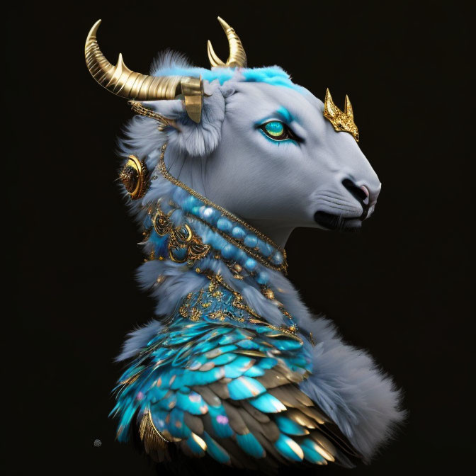 Majestic white lion-headed creature with golden horns, crown, blue feathered neck, and gem