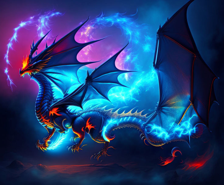 Mythical dragon with fiery eyes and blue flames in electrified sky