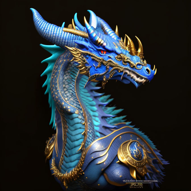 Blue dragon with golden horns and intricate scales on dark backdrop