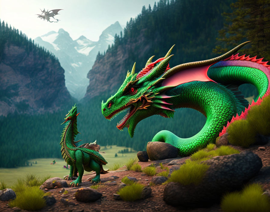 Fantasy landscape with two green dragons in a mountain valley