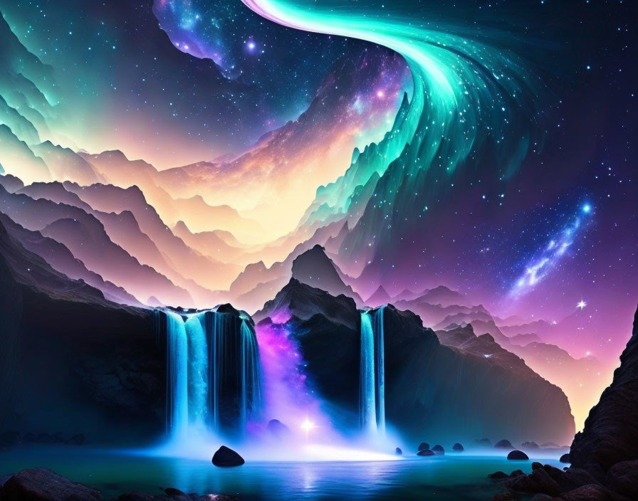 Majestic waterfall digital artwork with mountain backdrop under starry night sky