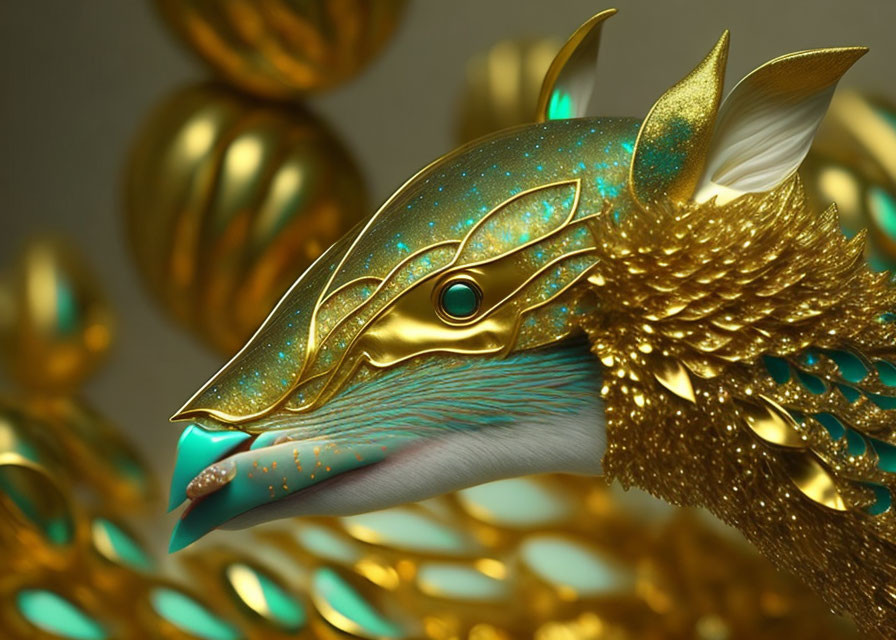 Intricate Golden and Turquoise Dragon Head with Sparkling Details