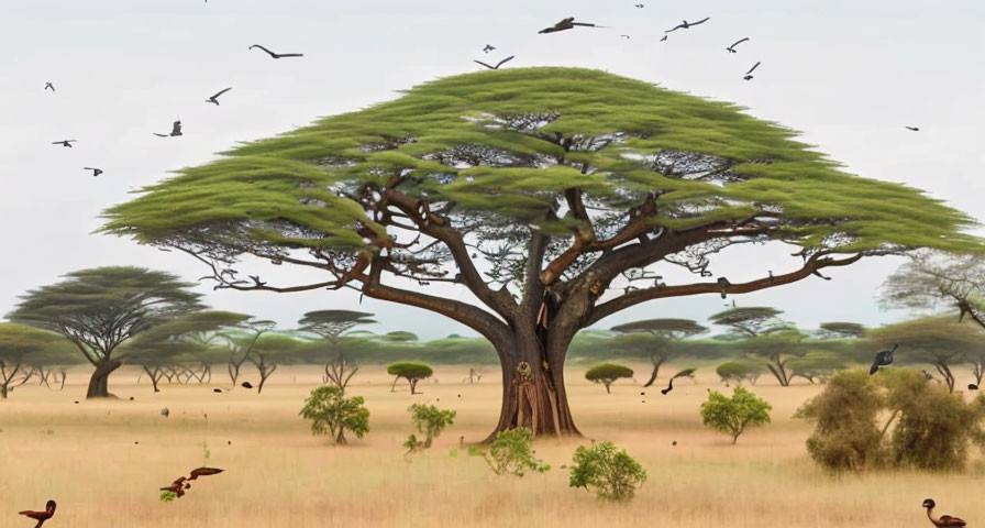 Majestic acacia tree in savanna landscape with scattered trees and birds in flight