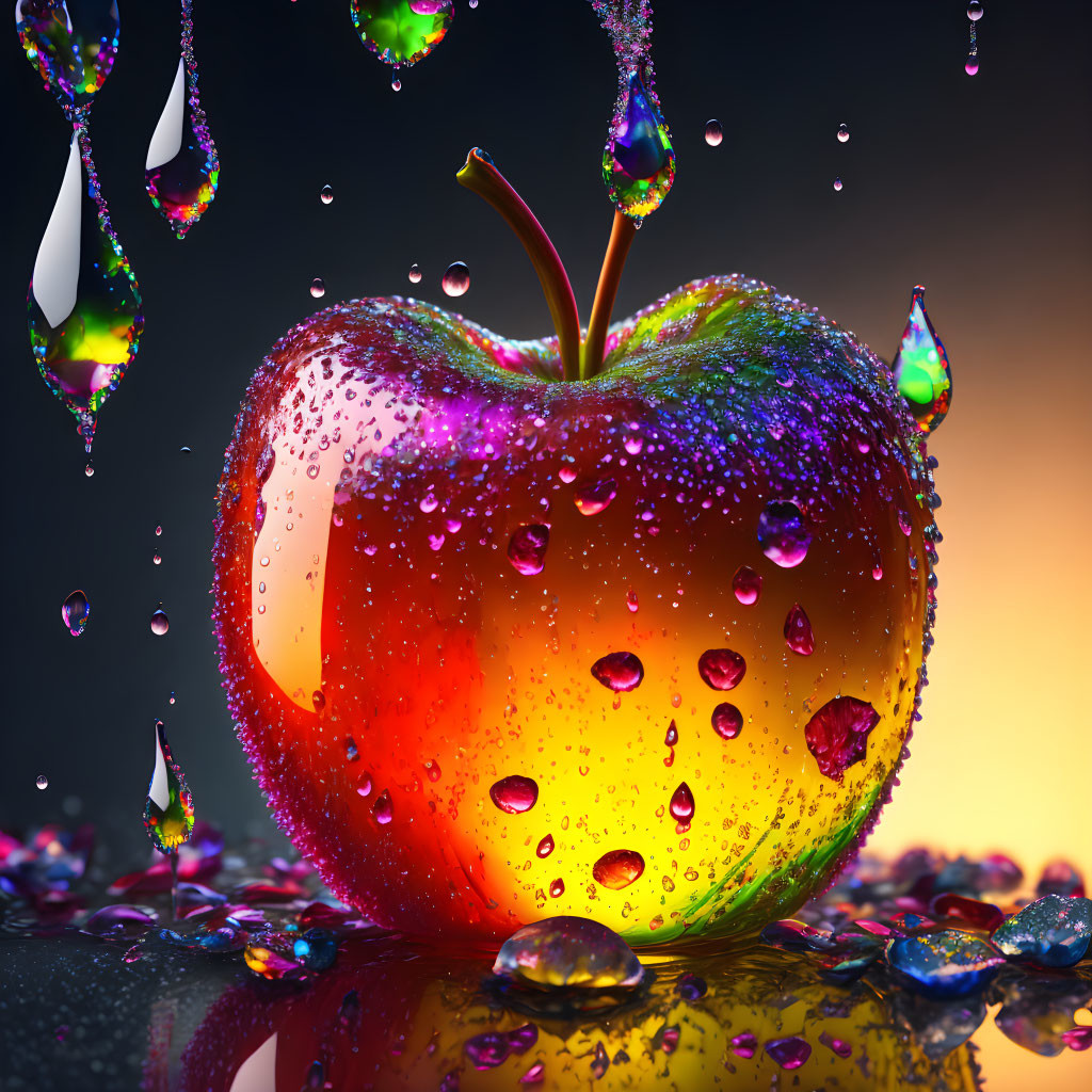 Colorful Apple with Water Droplets on Reflective Surface