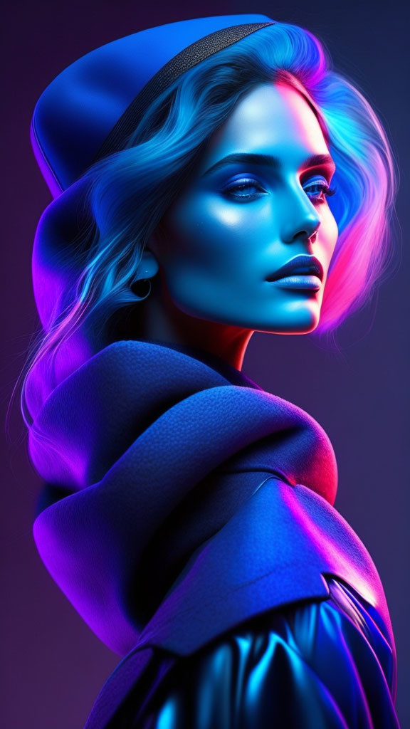 Woman with blue hat under neon lights with intense gaze