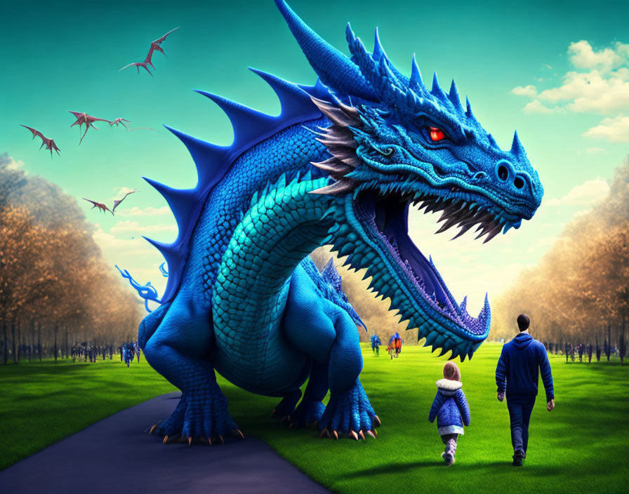 Person and child walking towards large blue dragon in vibrant park